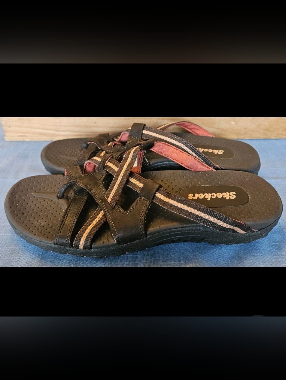 Skechers Leather Upper Brown Sandal Slides with Pink and Tan Straps Size 9